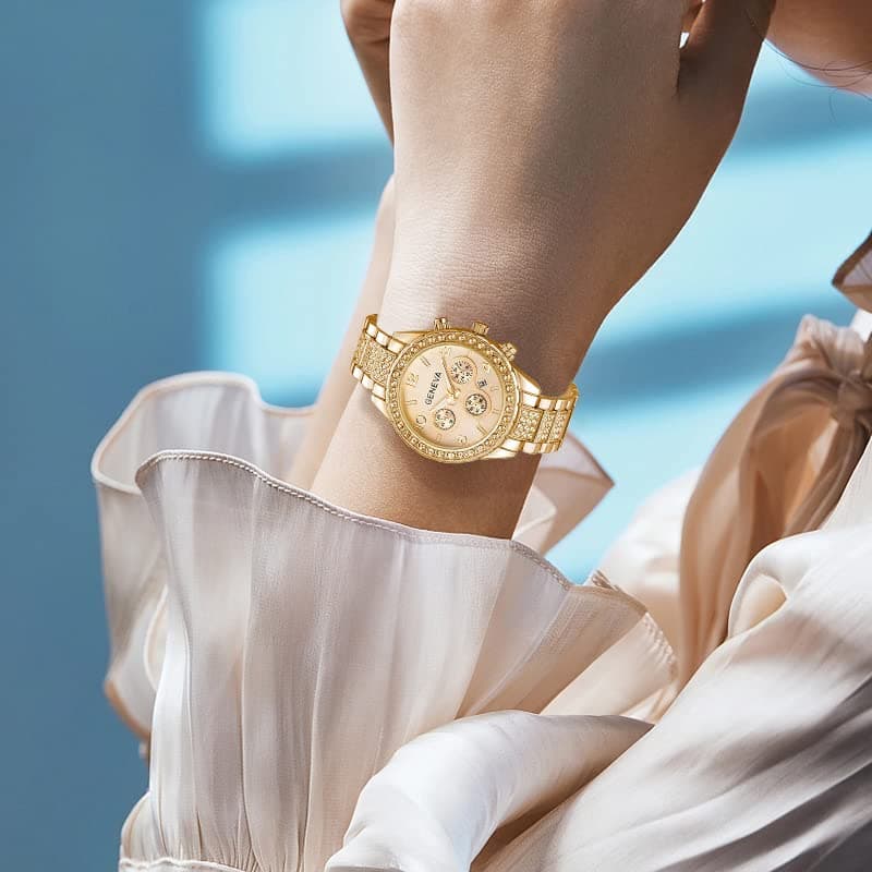 Gosasa Luxury Unisex Crystal Diamond Watches Quartz Digital Calendar Rose Gold Silver Stainless Steel Watch