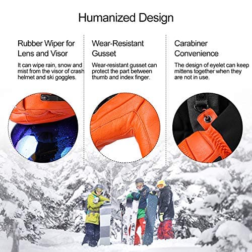KUTOOK Winter 3 Fingers Ski Mittens Goatskin Thermal 3M Thinsulate Waterproof Snowboarding Gloves with Pocket for Men Women