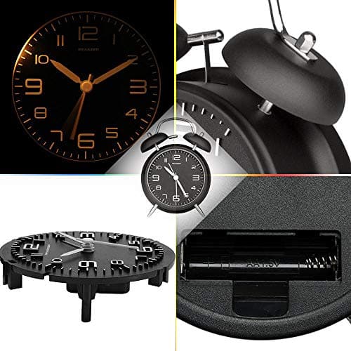 Peakeep 4 Inches Twin Bell Loud Alarm Clock for Heavy Sleepers, Backlight, Battery Operated Old Fashioned Alarm Clock for Bedrooms (3D-Dial, Black)