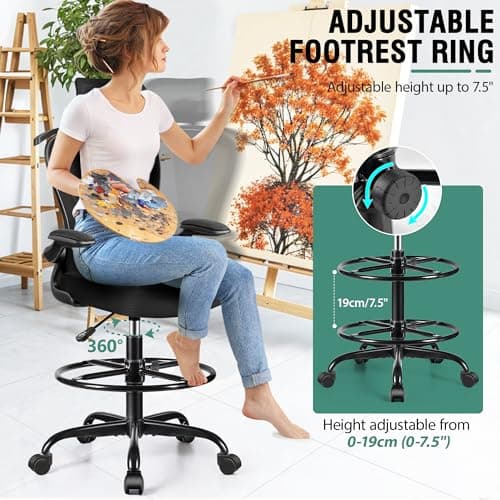 Drafting Chair, Tall Office Chair with 3D Lumbar & Head Support, Ergonomic Mesh Standing Desk Chair with Footring, Comfy Extended High Desk Chair with Flip-Up Arms & Hanger,Black