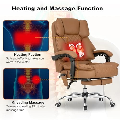 Kneading Massage Office Chair with Heated,90-135° Reclining Executive Office Chair with Footrest,Computer Desk Chair with Wheels,Diamond-Stitched Cushion Leather Office Chair,Brown