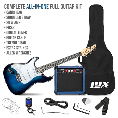 LyxPro Left Hand 39 Inch Electric Guitar and Starter Kit for Lefty Full Size Beginner’s Guitar, Amp, Six Strings, Two Picks, Shoulder Strap, Digital Clip On Tuner, Cable and Soft Case - Blue