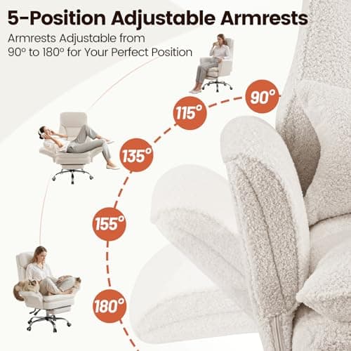 Furniliving Criss Cross Office Chair with Armrests & Wheels, Big and Tall Office Chair with Footrest, Flip Armrests for Pets, Wide Seat Cross Legged Desk Chair, Ergonomic Computer Chair, Teddy, White