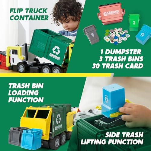 JOYIN Large Friction Powered Garbage Truck Toy Set, Includes 1 Dumpster, 3 Trash Bins, and 30 Learning Cards for Kids, Boy Toys Birthday Gift, Green B095XJDJ8V