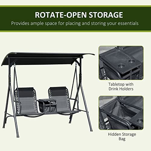 Outsunny 2-Seater Patio Swing Chair, Outdoor Canopy Swing Glider with Pivot Storage Table, Cup Holder, Adjustable Shade, Bungie Seat Suspension and Weather Resistant Steel Frame, Black