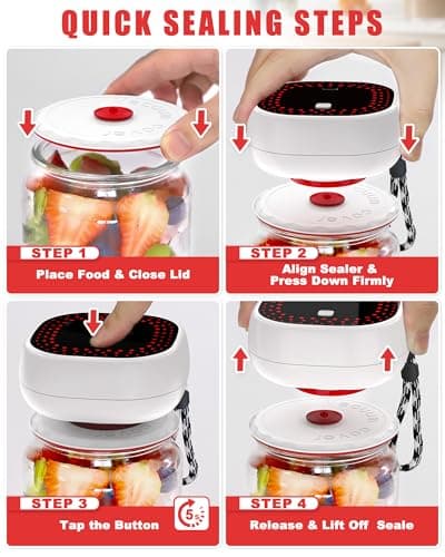Electric Mason Jar Vacuum Sealer Kit - Auto-Stop with Digital Display, 60kPa Ultra Strong Suction for Wide/Regular Mouth Jars, Preserve Freshness 12X Longer (Includes 6 Lids & Bag Adapters)