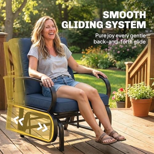Outsunny Patio Glider, Outdoor Glider Chair with Cushions, Steel Frame, Curved Armrests, Single Gliding Chair for Yard, Porch, Garden, Poolside, Dark Blue