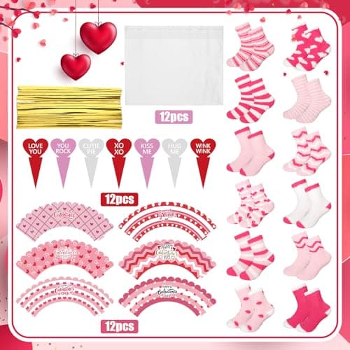 Ramede 12 Set Valentine's Day Cupcake Socks for Women Pink Fuzzy Fluffy Socks Galentine's Day Present for DIY Valentines Birthday Friendship Gift