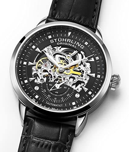 Stuhrling Original Mens Automatic Skeleton Watch - Black Leather Strap, Mechanical Silver Executive Watch