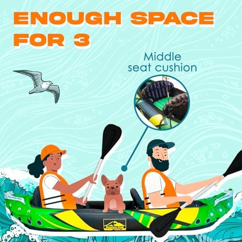 Inflatable Kayak 2 Person with Detachable Sun Canopy – Heavy-Duty Tandem Kayak for Adults – Reinforced Paddles, Waterproof Phone Bags, Adjustable Seats, Extra Seat for Dog or Child