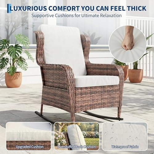 Patio Rocking Chair for Outdoor, Rattan Wicker Chair with Thick Cushions & Steel Frame, All-Weather PE Chair for Garden, Backyard, Porch, Deck