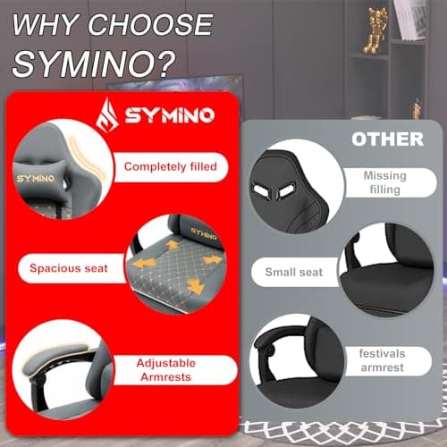 Symino Gaming Chair with Footrest, Linkage Armrests & 10cm Thick Seat, PU Leather Ergonomic Computer Chair, 150° Recline Office Chair, Grey