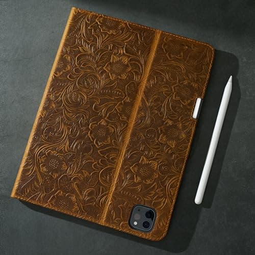 Gexmil Genuine Leather Case for iPad Pro 11 Inch (M5/M4) 2025/2024 with Pencil Holder,Protective Shockproof Leather Smart Folio Cover Adjustable Stand Auto Sleep/Wake Anti-Slip, Flower Brown