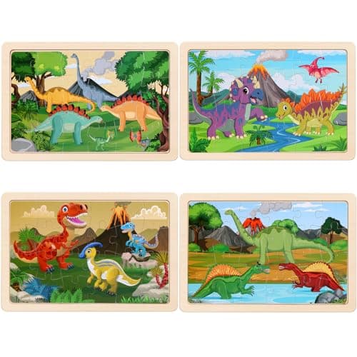 Wooden Puzzles Dinosaur Toys for Kids Ages 3-5, Set of 4 Packs with 20-Piece Wood Jigsaw Puzzles, Preschool Educational Brain Teaser Boards for Boys and Girls 3 4 5 6 Years Old
