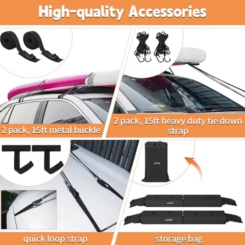 Universal Soft Roof Rack Pads for Kayak SUP Surfboard Snowboard Canoe, Heavy Duty Car Roof Rack System with 2 Tie Down Straps, 4 Quick Loop Straps, 2 Hood Loops, Tie Down Ropes and Storage Bag
