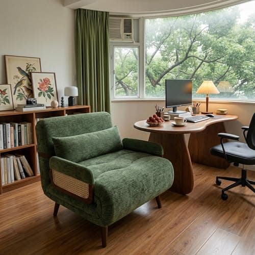 3-in-1 Convertible Sleeper Chair Bed for Adults, Chenille Fabric Armchair with 5-Level Adjustable Backrest, Folding Single Sofa Couch Futon Guest Bed with Pillow for Small Spaces, Office, Green 35.43"