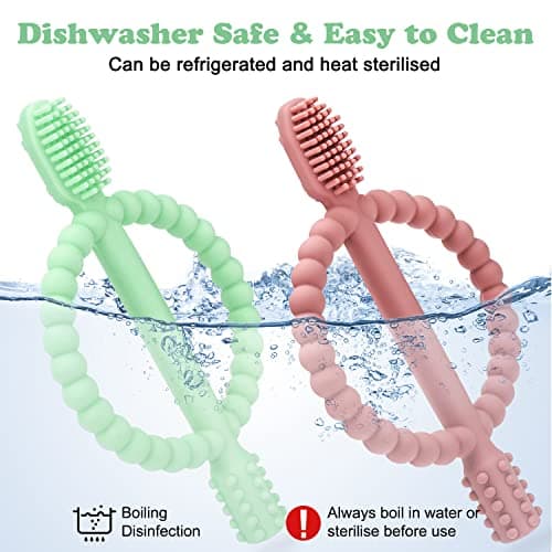Baby Teething Toys with Easy-Hold Handle, Silicone Infant Toothbrush, Textured On Both Sides Helps Massage, Soothe Sore Gums, Teething Toys for Babies 0-6 Months, 6-12 Months Bright Green & Caramel