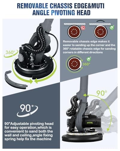 MYTOL Drywall Sander, 7.2A Electric Drywall Sander with Vacuum Dust Collection, LED Light, 6 Variable Speed Digital Display 900-1800RPM, Foldable & Extendable Handle (GREY)