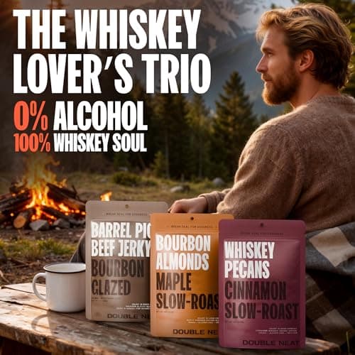 Double Neat Bourbon Flavored Snacks Variety Pack | Snacks Gifts for Men | Bourbon Glazed Beef Jerky, Cinnamon Whiskey Pecans, Almonds | Gift for Whiskey Lovers Men | 10oz, 3 Pack B0GGHN7KTL