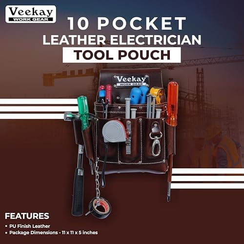 VEEKAY Electrician's Leather Tool Pouch – 10 Pocket Full Grain Leather Organizer for Electricians, Carpenters & Construction Workers – Durable, Heavy-Duty Utility Pouch (Brown/Black)