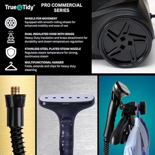 True & Tidy® Heavy-Duty Commercial Industrial Standing Garment Steamer for Clothes, 1800 watts, XL 3L water tank 90+ mins of Steam 3 Steam Settings, Step On/Off Control, Wheels for Easy Movement