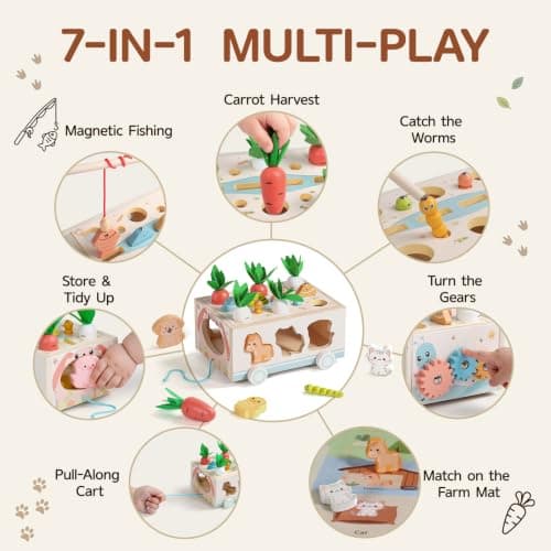 with Fishing Game, Pull-Along Storage Cart, Gears & Play Mat for Fine Motor Play First Birthday Gift for Boys & Girls Ages 1+ Fajiabao Wooden Montessori Toys for 1 Year Old, 7-in-1 Farm Activity Toy B0GL66PD6W