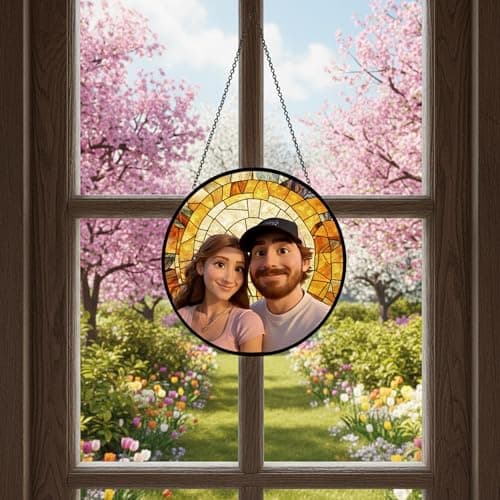 Personalized Couple Glass Cartoon Portrait Suncatcher, Custom Photo Art Window Hanging, Stained Glass Style Gift for Couples, Anniversary Wedding Gift for Valentine