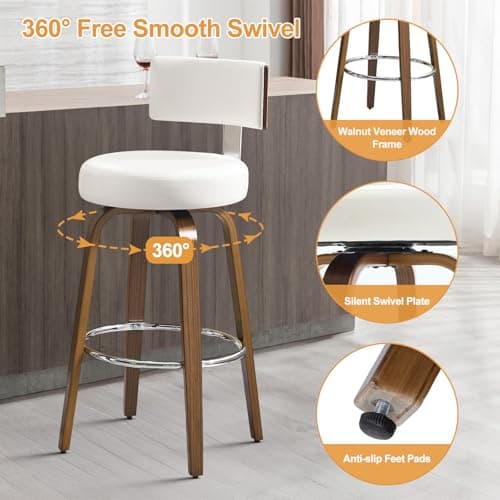 Bekrvio Swivel Counter Height Bar Stools Set of 3, Faux Leather Kitchen Stools Upholstered Barstools with Back, Walnut Wood Legs, Mid Century Island Chairs Counter Stools, 26" Seat Height, White