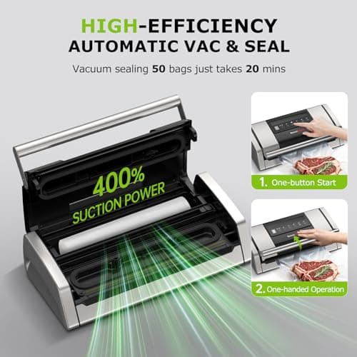 Bonsenkitchen Vacuum Sealer for Food, Easy-Lock Handle Vacuum Sealer Machine with Bag Clip, Built-in Cutter and Bag Storage for Sous Vide and Meal Prep, 1 Roll Bag & 10 Pre-Cut Bags, Silver