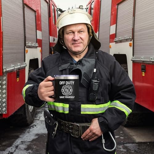 Lifecapido Firefighter Gifts for Men, Off Duty Save Yourself 14 oz Insulated Coffee Mug, Fireman Gifts for Men, Birthday Christmas Gift for Firefighters, Firemen, Boyfriend, Dad, Uncle, Black