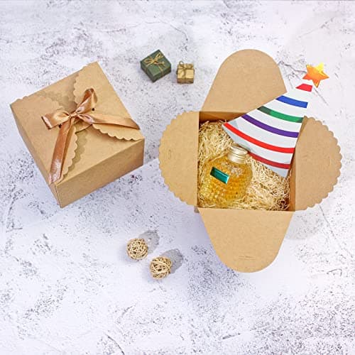 Empty Paper Boxes for Cookies, Candy, Chocolate, Craft, Candle, Gift Giving, Birthday, Parties, Holiday, 4.75 X 4.75 X 3.53 WEWILUCK Brown Box for Presents, 10 Pack Small Kraft Gift Boxes with Ribbon B09M3L1L2J
