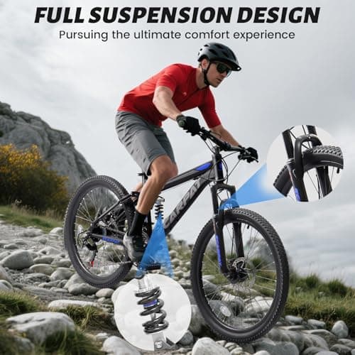 Mountain Bike 24 26 27.5 Inch, Dual Full Suspension Mens Womens Bike, 21 Speeds Dual Disc Brake Carbon Steel Bike, Boys Mens Mountain Bike for School Work Summer Camping, Birthday Gift Choice