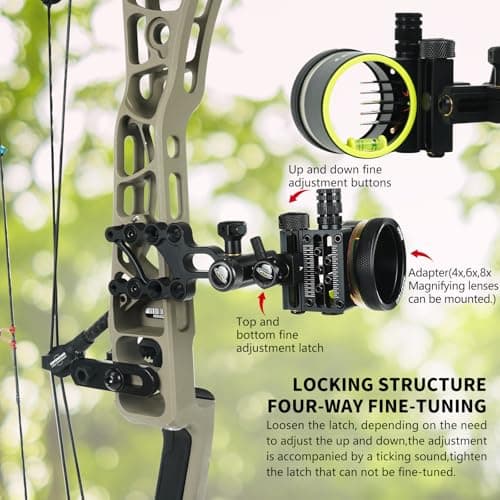 Archery 5-Pin Bow Sight - 0.019" Fiber, Brass Pin, Aluminum Machined - Right and Left Handed, with Hi-Vis Level for Archery, Hunting, Shooting