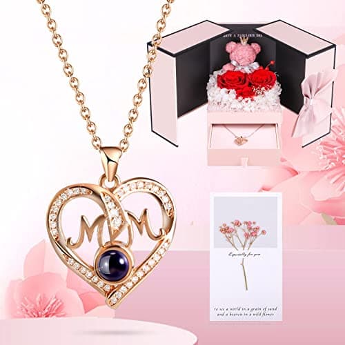 ADDWel Birthday Gifts for Mom from Daughter and Son, Unique Mother Birthday Gift Idea, Preserved Real Roses with I Love You in 100 Languages Mom Necklace, Cool Present to Mother Mama