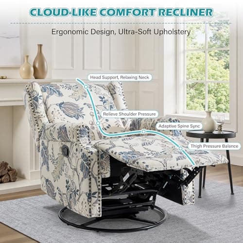 Swivel Glider Floral Recliner Chairs Set of 2, High Back Swivel Rocker Fabric Accent Chair for Living Room, Rivet Trim Upholstered Armchair Manual Sofa Seating - Plants Blue