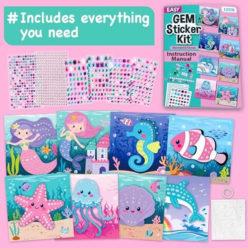 Mermaid crafts and gem art for kids ages 3-8; gem sticker kit with 8 ocean projects; no glue, screen-free birthday gift EZCRA Mermaid Gem Sticker Kit for Kids - 800 Stickers, 8 Underwater Themes B0GFMN37ZV