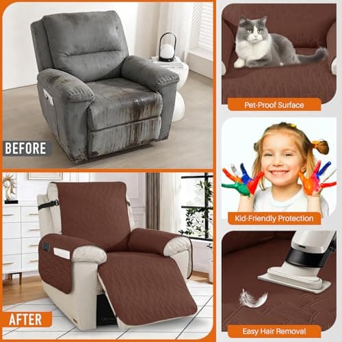 100% Waterproof Recliner Chair Covers,Non-Slip Chair Cover Dog Furniture Protector Recliner Covers Washable Slipcover with Pocket,Elastic Straps for Pets,Dogs,28",Coffee