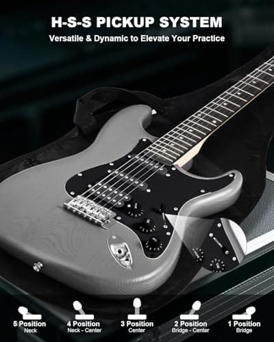 RVONE RST-150 39" Beginner Electric Guitar Kit with Amp & HSS Pickups | Complete Starter Set for Newcomers w/Essentials | Gig Bag, Extra Strings, Digital Tuner, Capo, Strap | Home Practice (Black)