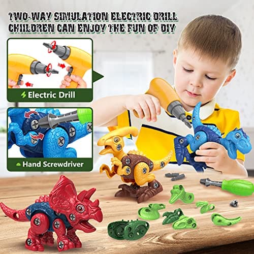 Dinosaur Toys for 3, 4, 5, 6, 7 Year Old Boys, Take Apart Toys with Electric Drill for Kids, STEM Educational Construction Building Toy, Ideal Birthday Christmas Easter Gifts, Incl Tyrannosaurus Rex