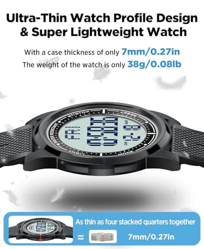 Beeasy Digital Watch Waterproof with Stopwatch Alarm Countdown Dual Time, Ultra-Thin Super Wide-Angle Display Digital Wrist Watches for Men Women