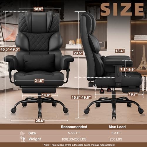 Vonesse Big and Tall Office Chair, Desk Chair with Soft Adjustable Armrests, Ergonomic High Back Gaming Chair with Lumbar Support, Executive Computer Chairs with Footrest (PU Leather, Black)