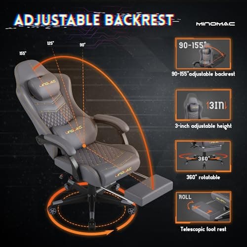 Gaming Chair,Ergonomic Computer Gaming Chair,400lb Load-Bearing,Retractable Footrest/Waist Support/Ergonomic Backrest[Spring + 4D Sponge] (Grey)