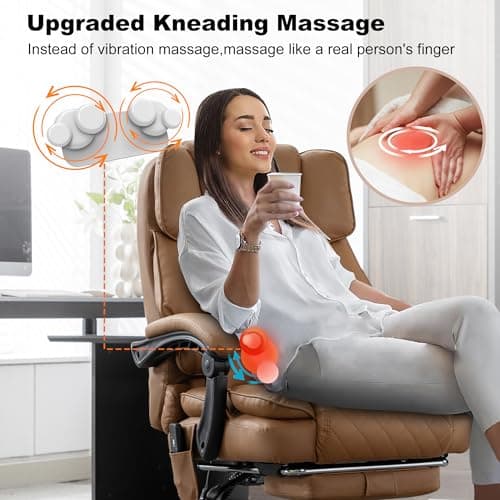 Kneading Massage Office Chair with Heated,90-135° Reclining Executive Office Chair with Footrest,Computer Desk Chair with Wheels,Diamond-Stitched Cushion Leather Office Chair,Brown
