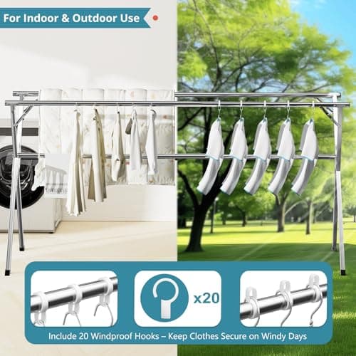JAUREE 95 Inches Clothes Drying Rack, Drying Rack Clothing Folding Indoor Outdoor, Heavy Duty Stainless Steel Laundry Rack, Foldable Portable Large Clothes Rack Garment Rack with 20 Windproof Hooks