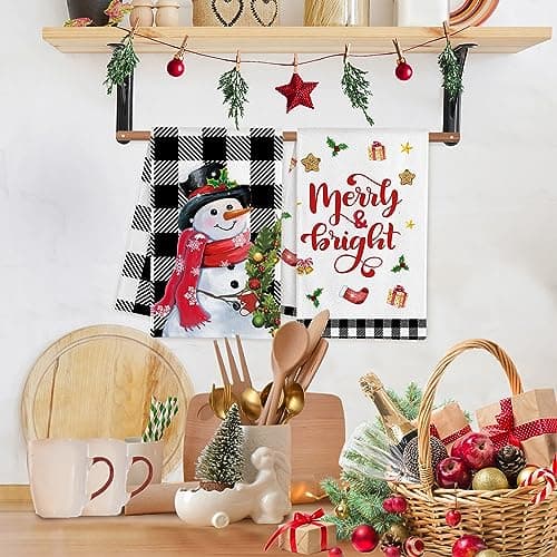 pinatas Christmas Kitchen Towels, Christmas Hand Towels Bathroom, Xmas Kitchen Decor, Black Buffalo Plaid Dish Towel Set of 4, Xmas Housewarming Gifts