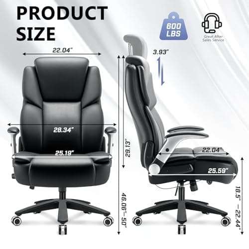 600lbs Big and Tall Office Chair, Heavy Duty Executive Desk Chair for Heavy People, Extra Wide PU Leather Computer Chair with 4" Adjustable Headrest & Air Lumbar Support