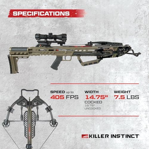 Killer Instinct LTL 405HD Crossbow Bundle, 405 FPS Compact Crossbow with Lumix 4x32 Scope, Anti Dry Fire Safety, Rope Cocker and 2 Carbon Bolts, Hunting Crossbow Kit