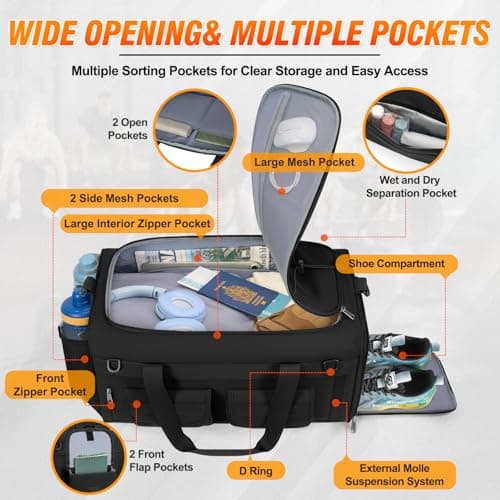 RAINSMORE Gym Bag for Men, 45L Large 3 in 1 Sports Duffle Bag with Shoes Compartment & Wet Pocket Water-Resistant Sports Travel Weekender Bag Multipurpose Carry On Overnight Tactical Backpack, Black