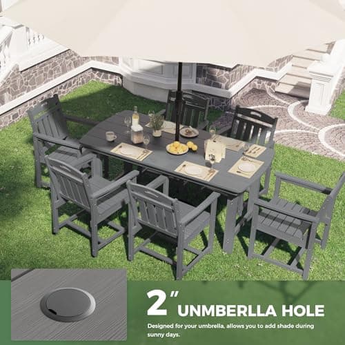 HDPE Outdoor Patio Dining Set with Table & 6 Chairs, All-Weather 7-Piece Outdoor Table and Chairs, 2" Umbrella Hole, Patio Furniture for Garden, Backyard, Deck | Grey