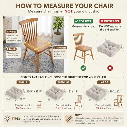 BETU Chair Cushions for Dining Chairs Set of 4,3.5" Thick Kitchen Table Chair Pads with Ties,Non Slip Backing and Covers, Seat Cushion for Dining Room,Bar,Patio Chairs,15.5"X15.5"X3.5",Beige